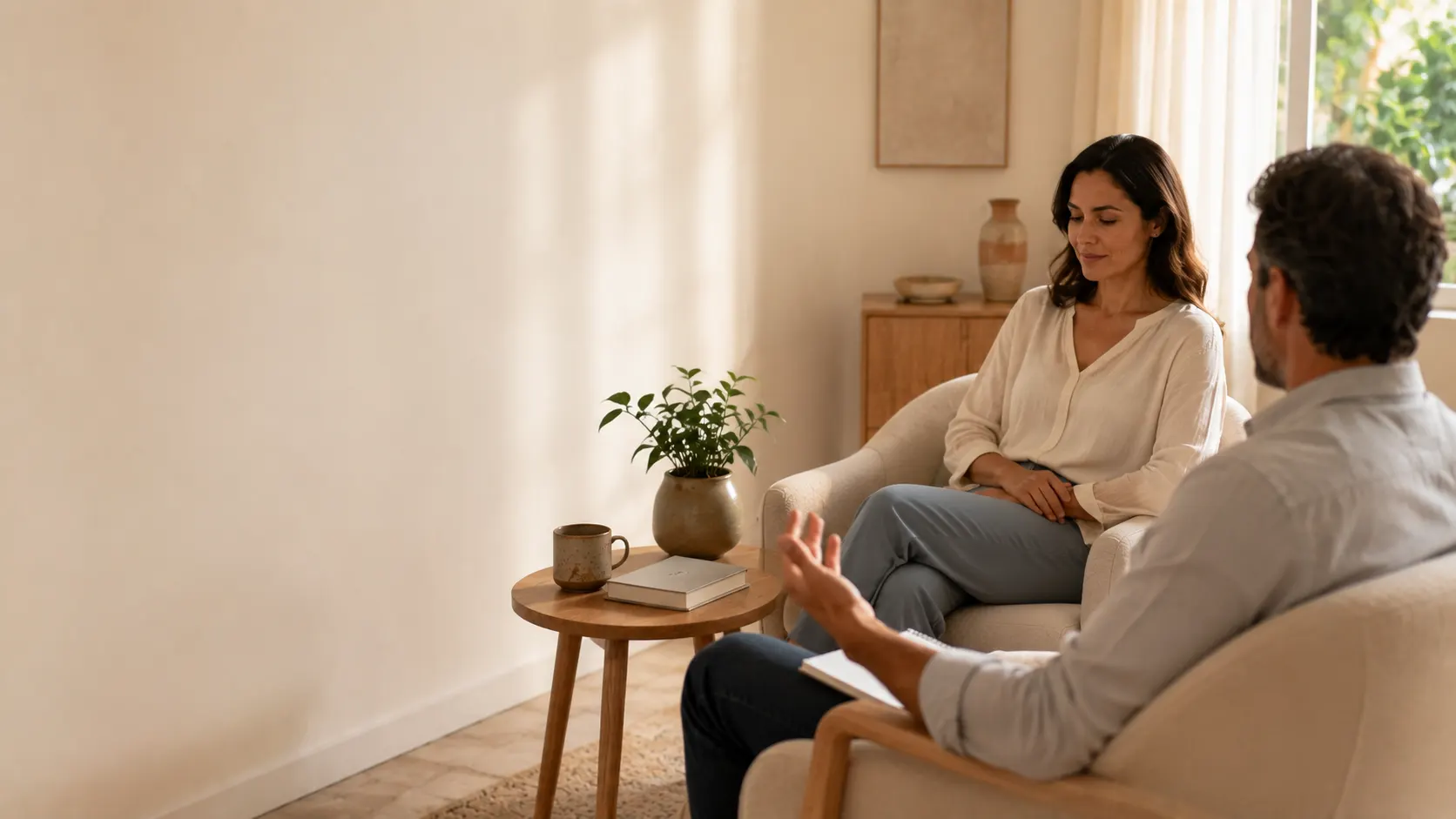 Paciente relaxada e consciente escuta o terapeuta durante conversa calma em consultório iluminado por luz natural.